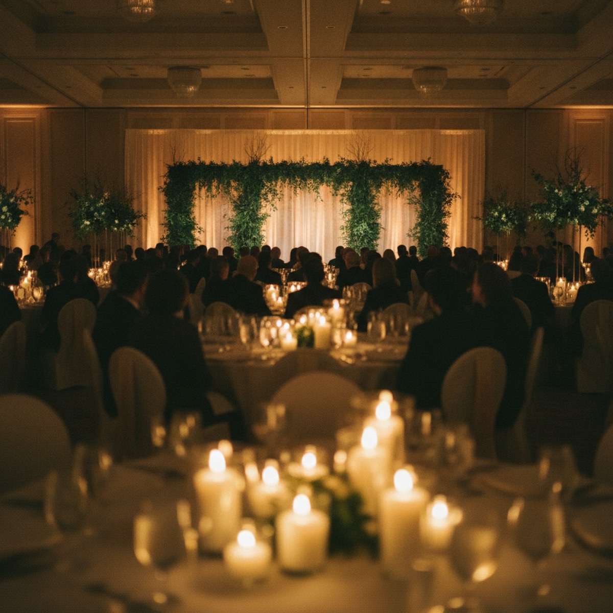 A fundraising gala ballroom seen from the back of the room
