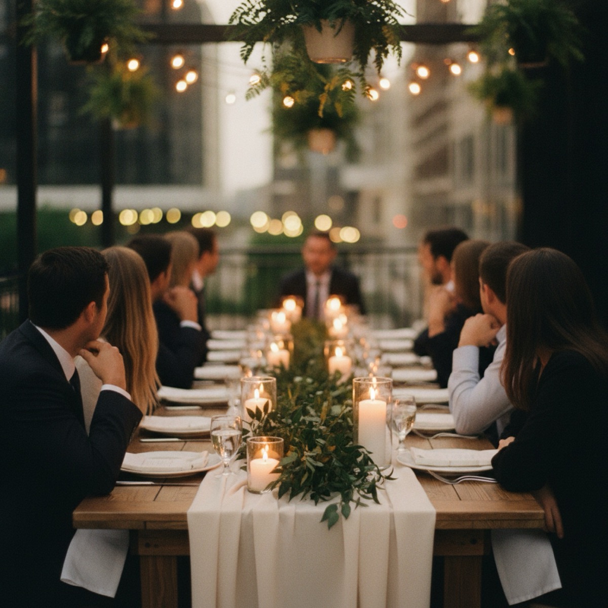 A team dinner on a terrace at golden hour