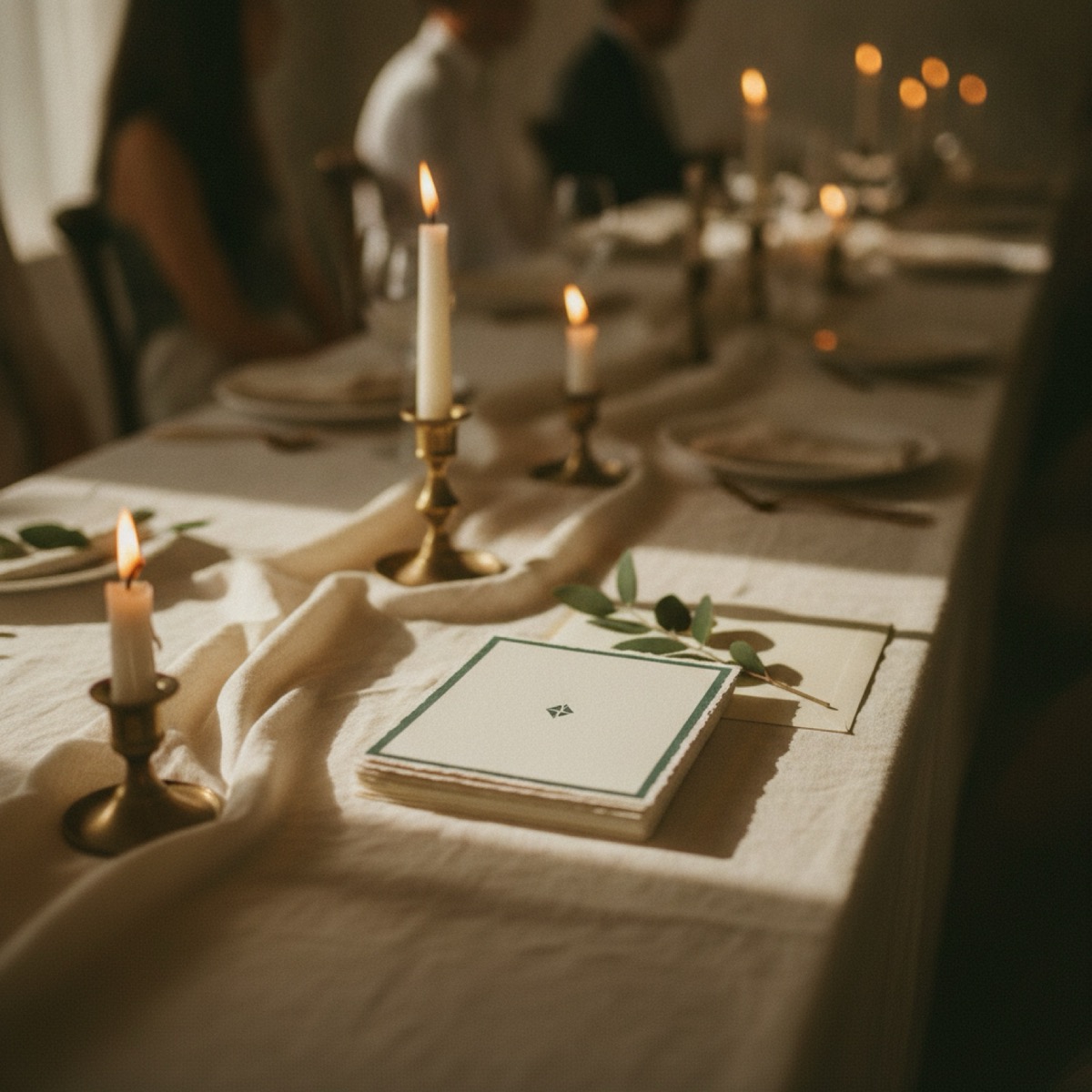 Cream paper invitations with deckled edges and evergreen ink on linen